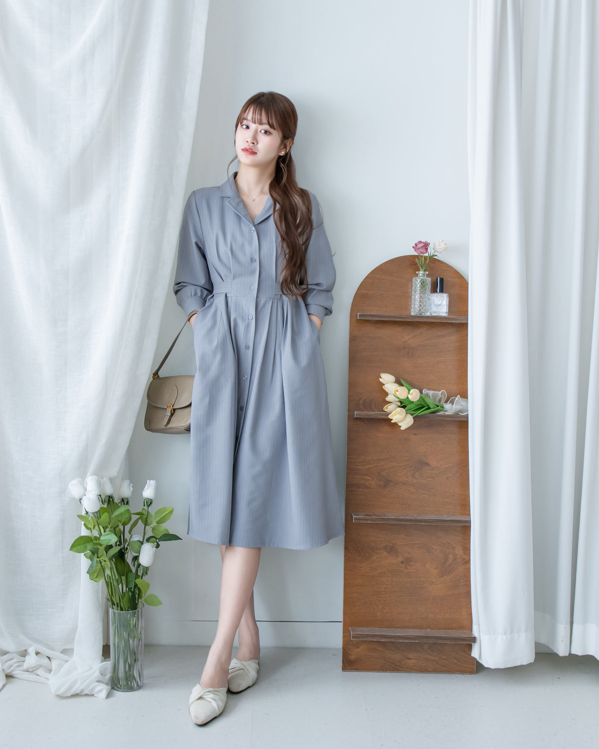[intent label/ intent 製] Stripe Dress or Outer 腰帶設計暗條紋口袋連身裙或外套/ DSA8013