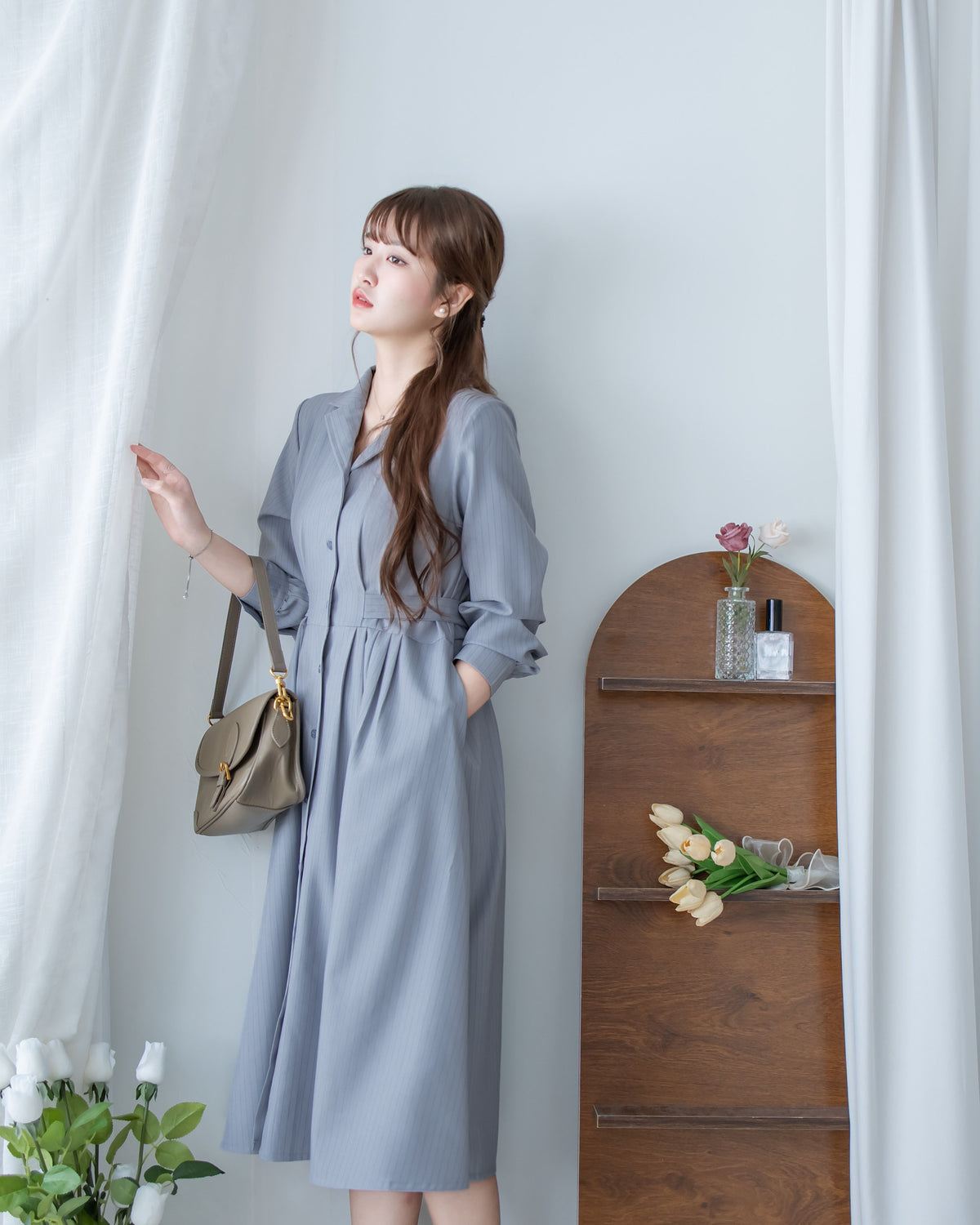 [intent label/ intent 製] Stripe Dress or Outer 腰帶設計暗條紋口袋連身裙或外套/ DSA8013