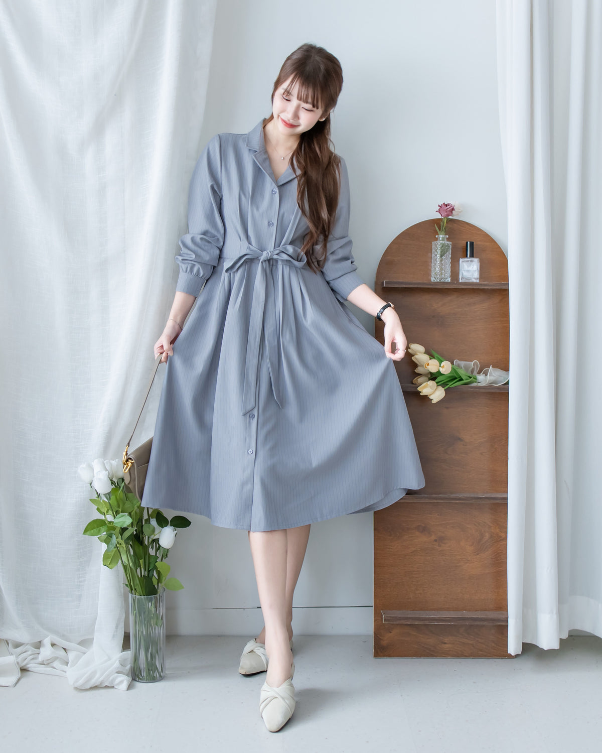 [intent label/ intent 製] Stripe Dress or Outer 腰帶設計暗條紋口袋連身裙或外套/ DSA8013