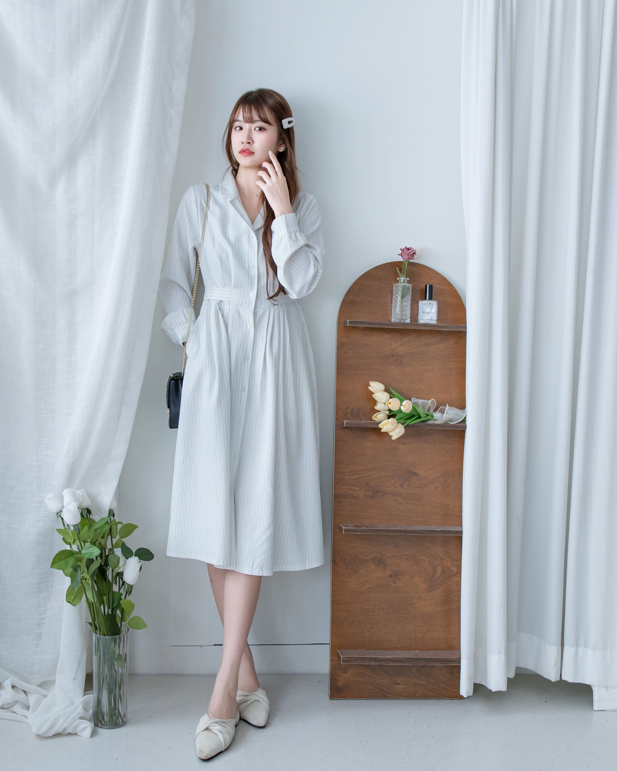 [intent label/ intent 製] Stripe Dress or Outer 腰帶設計暗條紋口袋連身裙或外套/ DSA8013