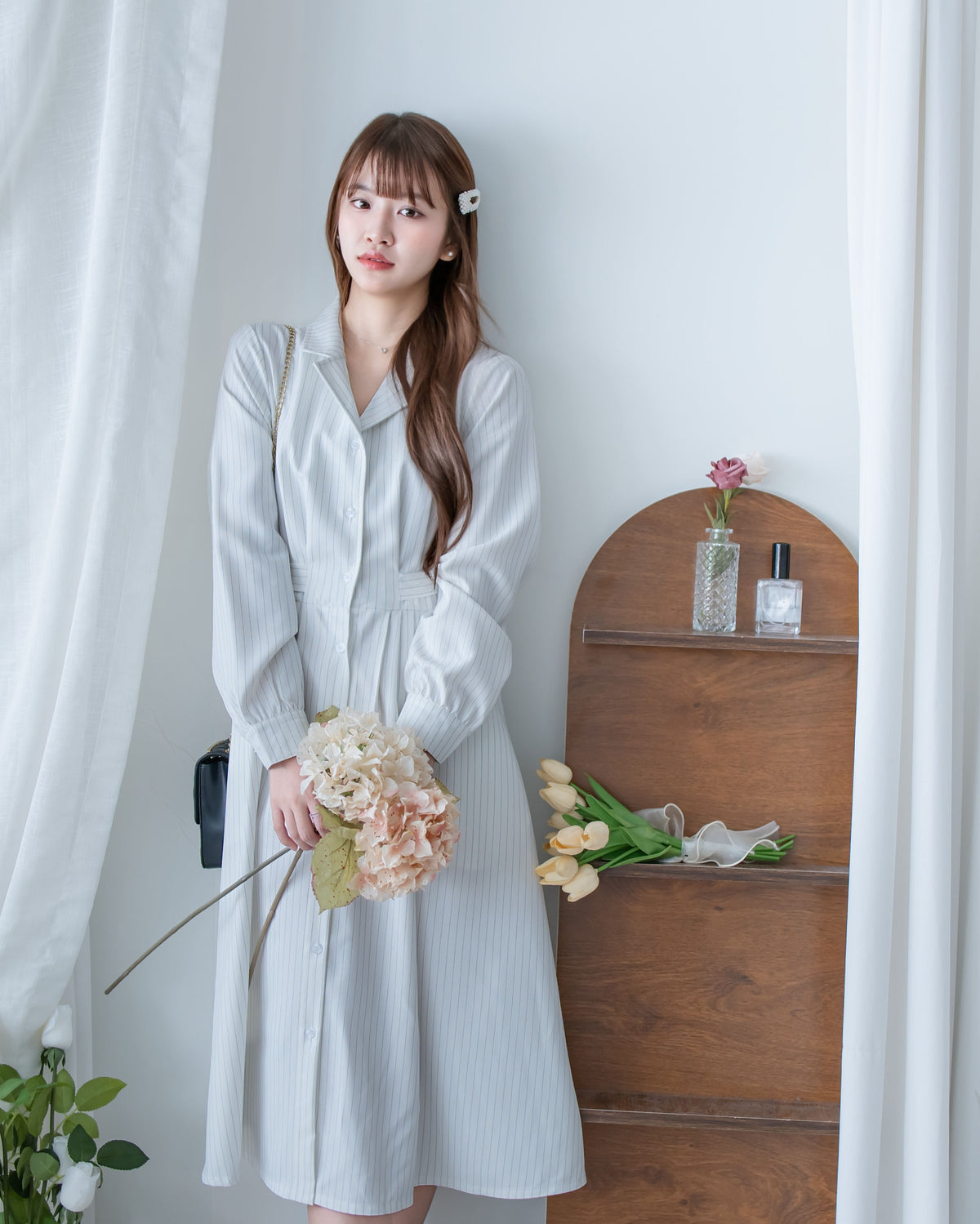[intent label/ intent 製] Stripe Dress or Outer 腰帶設計暗條紋口袋連身裙或外套/ DSA8013