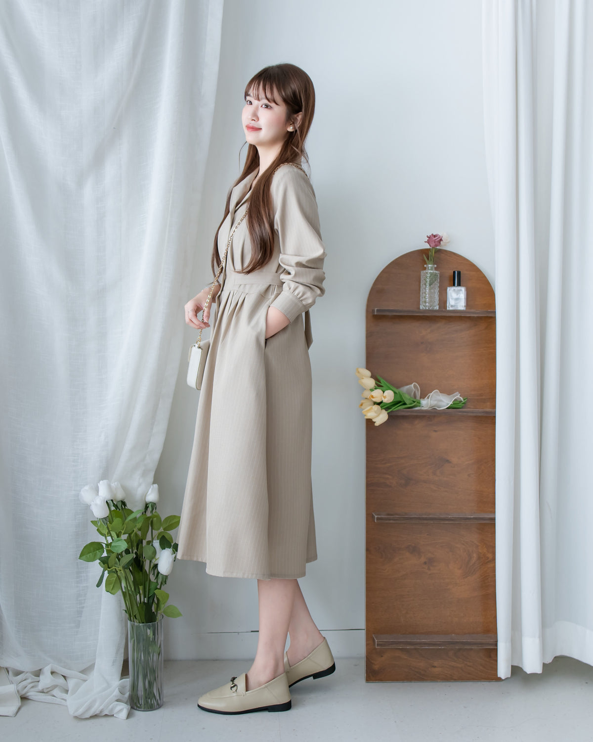 [intent label/ intent 製] Stripe Dress or Outer 腰帶設計暗條紋口袋連身裙或外套/ DSA8013