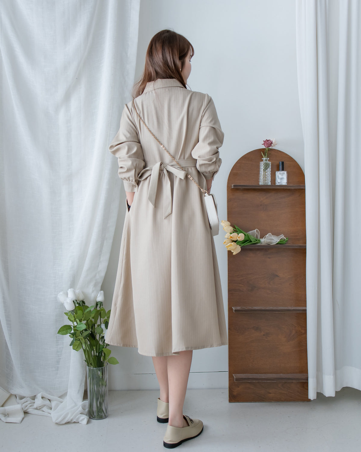 [intent label/ intent 製] Stripe Dress or Outer 腰帶設計暗條紋口袋連身裙或外套/ DSA8013