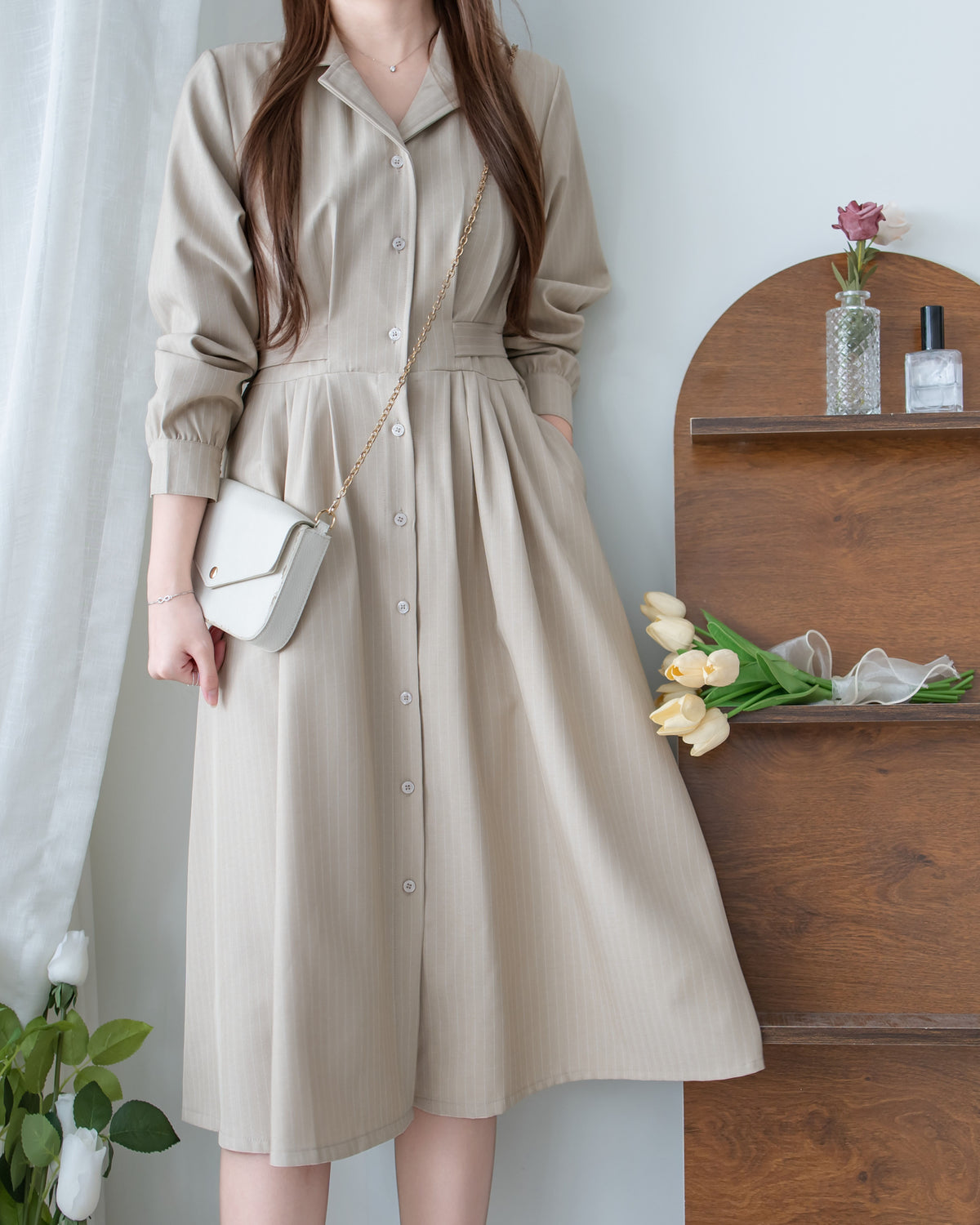 [intent label/ intent 製] Stripe Dress or Outer 腰帶設計暗條紋口袋連身裙或外套/ DSA8013