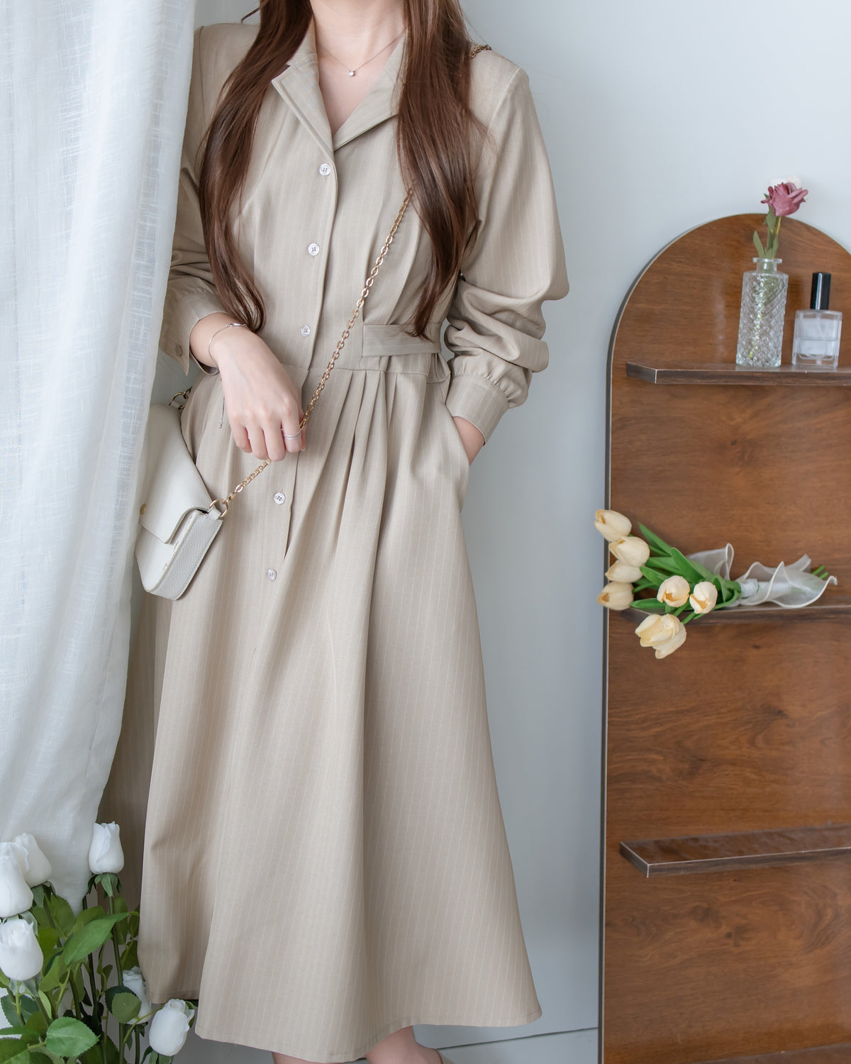[intent label/ intent 製] Stripe Dress or Outer 腰帶設計暗條紋口袋連身裙或外套/ DSA8013