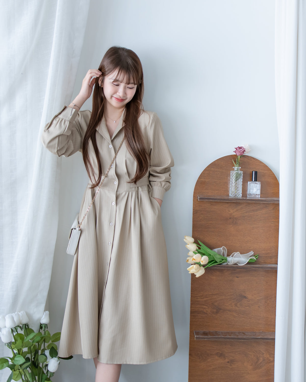 [intent label/ intent 製] Stripe Dress or Outer 腰帶設計暗條紋口袋連身裙或外套/ DSA8013
