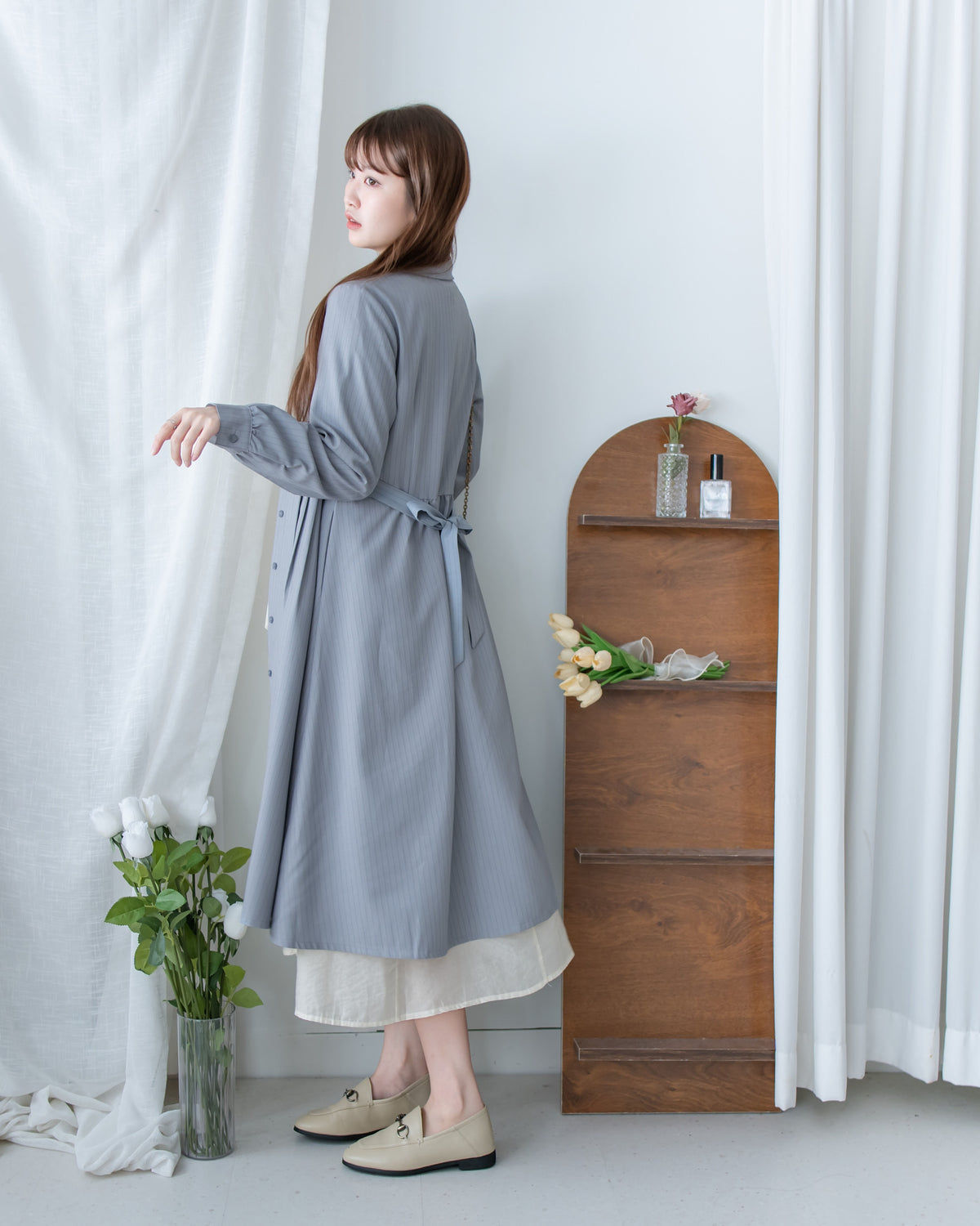 [intent label/ intent 製] Stripe Dress or Outer 腰帶設計暗條紋口袋連身裙或外套/ DSA8013