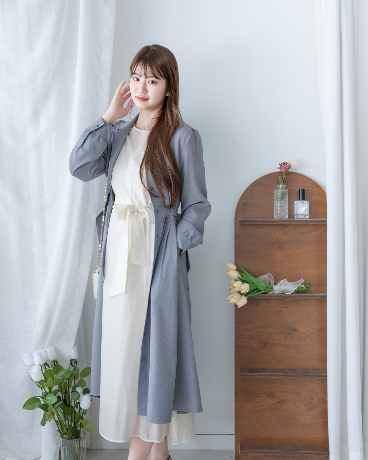 [intent label/ intent 製] Stripe Dress or Outer 腰帶設計暗條紋口袋連身裙或外套/ DSA8013