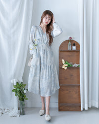 [intent label/ intent 製] Clear Flower Dress V領側束帶質感線條印花飄逸連身裙/ DSA8012