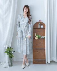 [intent label/ intent 製] Clear Flower Dress V領側束帶質感線條印花飄逸連身裙/ DSA8012