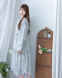 [intent label/ intent 製] Clear Flower Dress V領側束帶質感線條印花飄逸連身裙/ DSA8012