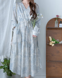 [intent label/ intent 製] Clear Flower Dress V領側束帶質感線條印花飄逸連身裙/ DSA8012