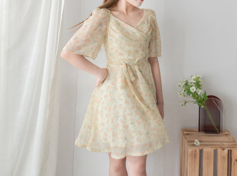Orange Lily 清新飄逸淡黃橙花包裹領口, Dress/ DS9226