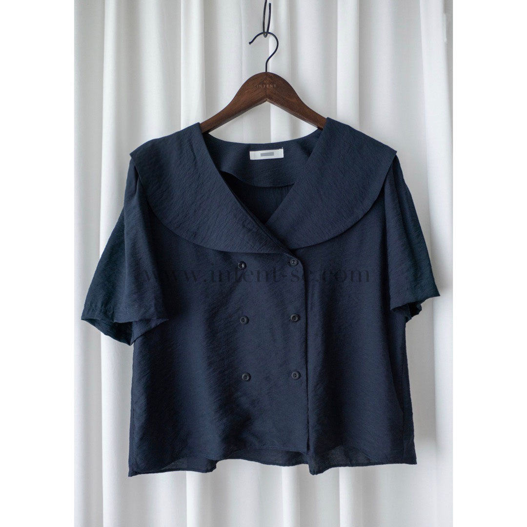 [ BEST ✈️ LIMITED RESTOCK!]  Navy 深藍雙排鈕扣紋理翻領口上衣, Blouse/ BU8926