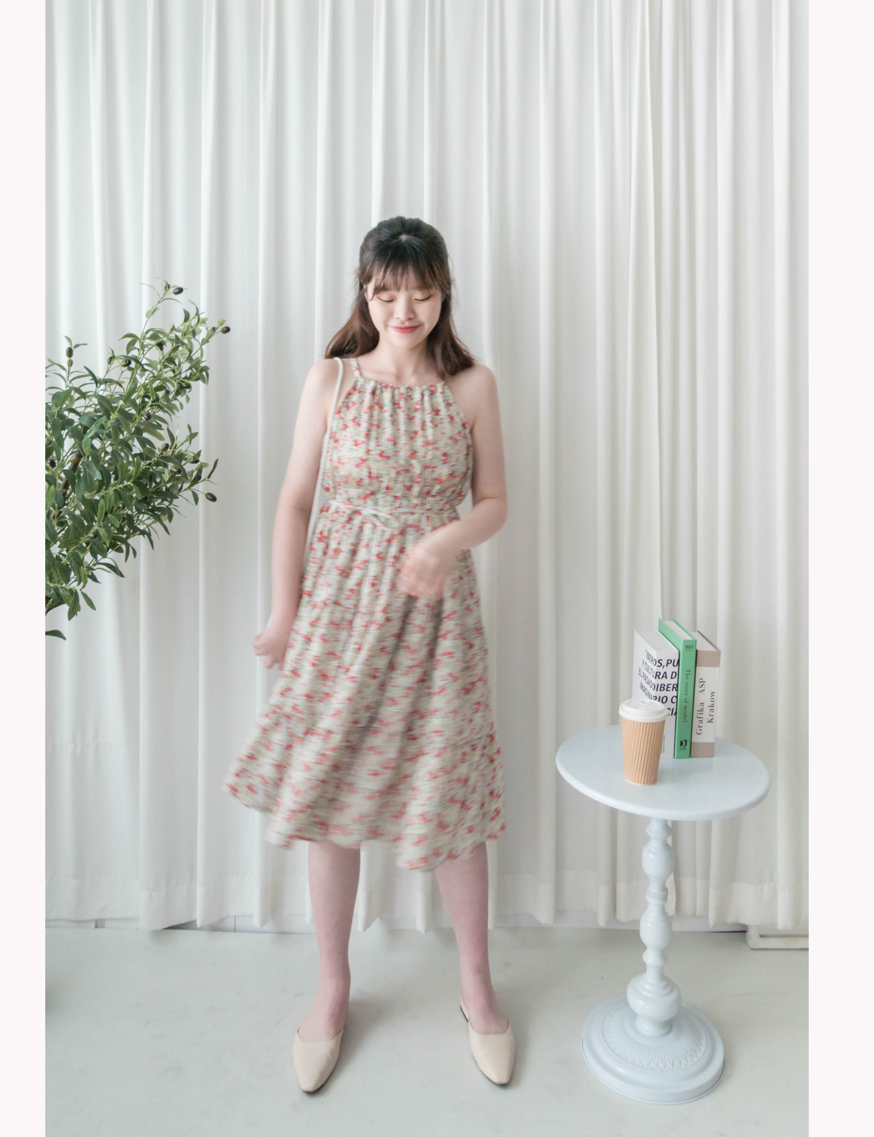 Pastel Floral 垂感淡彩可調入膊後蝴蝶飄逸裙擺, Dress/ DS9268