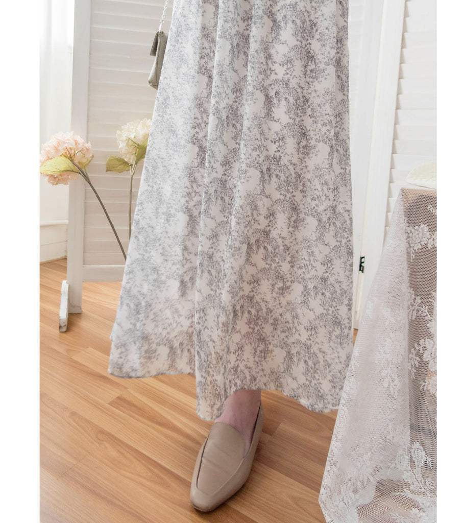 Chiffon Floral 氣質V領黑白印花束腰飄逸雪紡裙, Dress/ DS9302