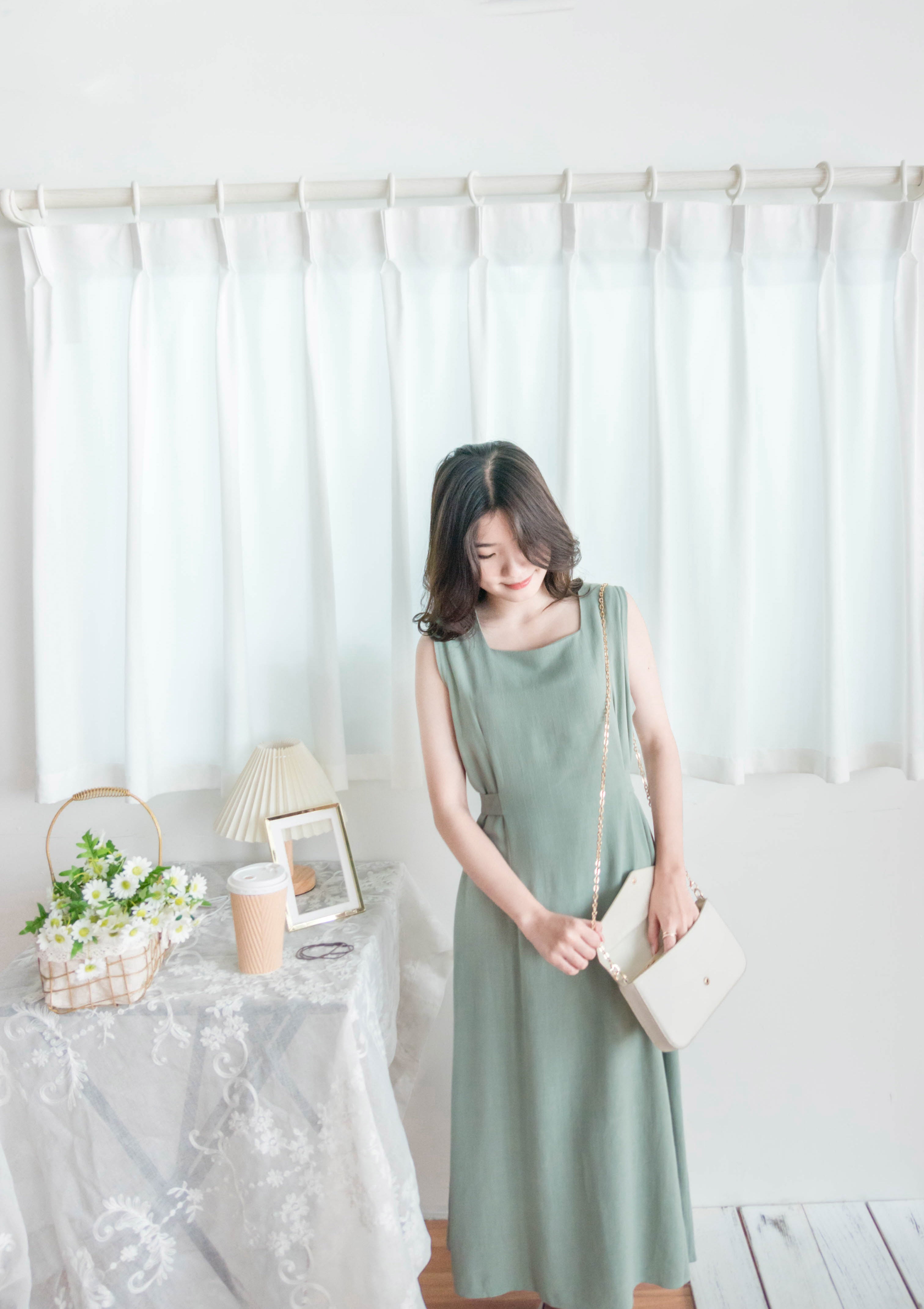 Square Collar 棉麻文青仙氣淺方領修腰, Dress/ DS9301 (湖水綠 MediumAquamarine sold out)