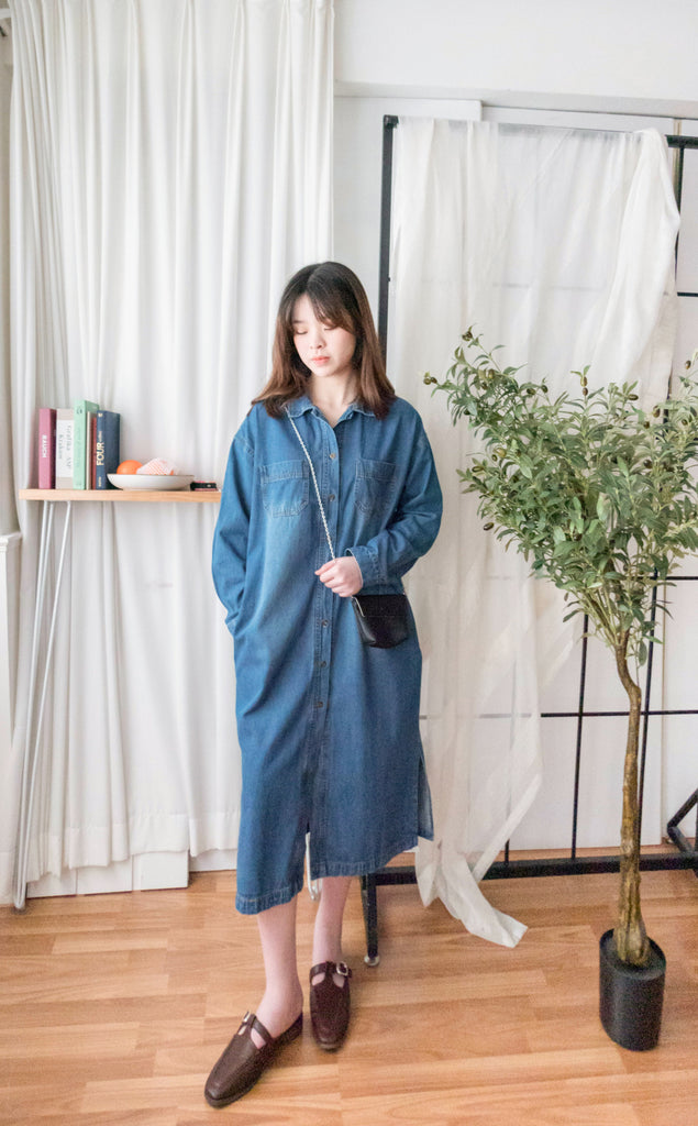 Stone Wash Denim 洗水色單排鈕口袋連身裙, Dress/ DS9310