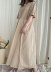 Beige 彈性棉質皺褶腰間大擺連身裙, Dress/ DS9321