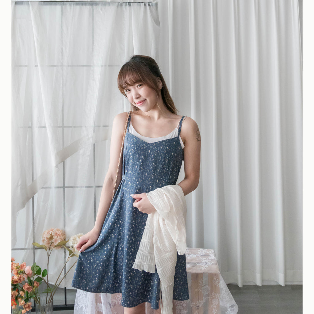 Floral Vest 細帶V領後背橡筋輕優雅吊帶裙, Dress/ DS9329 (Lightsteelblue sold out)