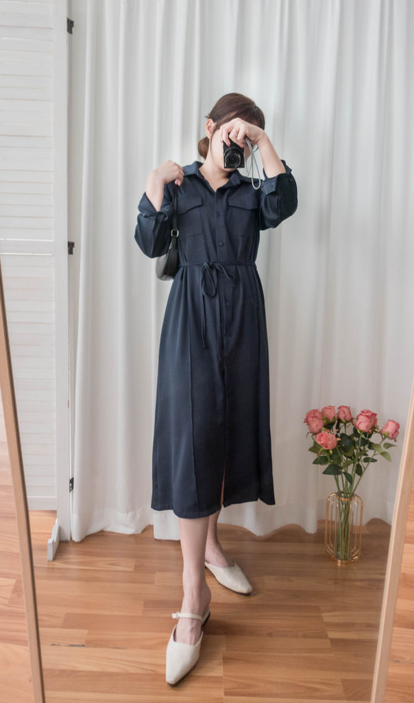 Navy 微光澤雙口袋修腰知性連身裙或外套, Dress/ DS9324