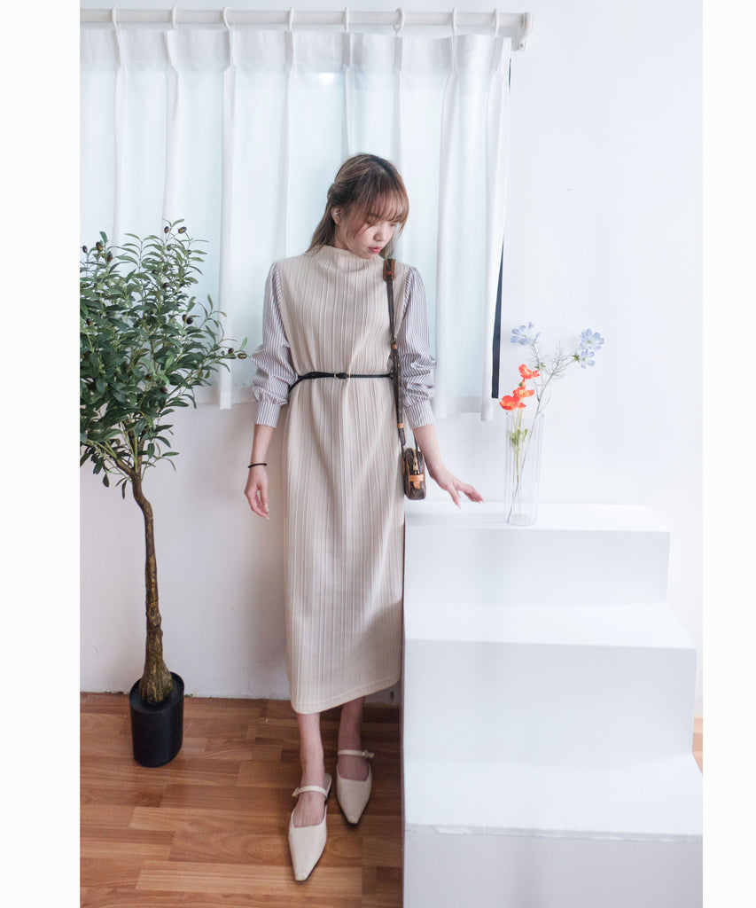 Stripe Shirt 氣質寬鬆小高領背心拼條紋手袖(連腰帶) , Dress/ DS9360