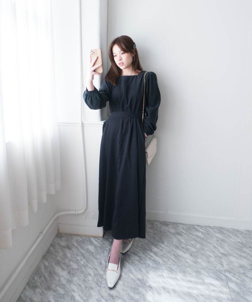 Back Ribbon 船領環形後蝴蝶修腰口袋連身裙, Dress/ DS9364