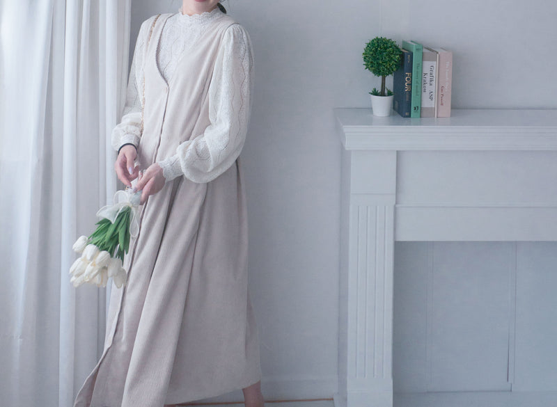 【intent X Korea label】 Beige Vest  淺杏暗紋微絨口袋腰間大百褶, Dress/  DS9369