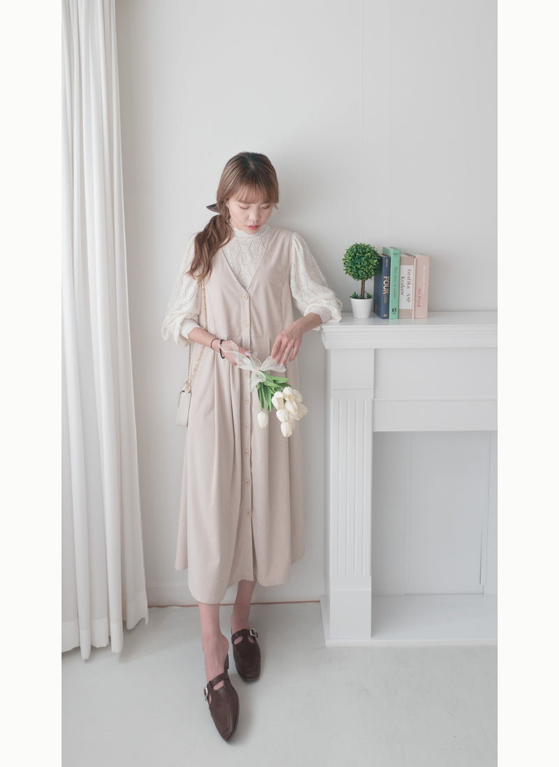 【intent X Korea label】 Beige Vest  淺杏暗紋微絨口袋腰間大百褶, Dress/  DS9369