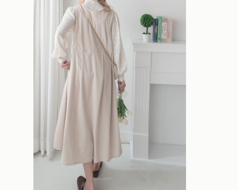 【intent X Korea label】 Beige Vest  淺杏暗紋微絨口袋腰間大百褶, Dress/  DS9369