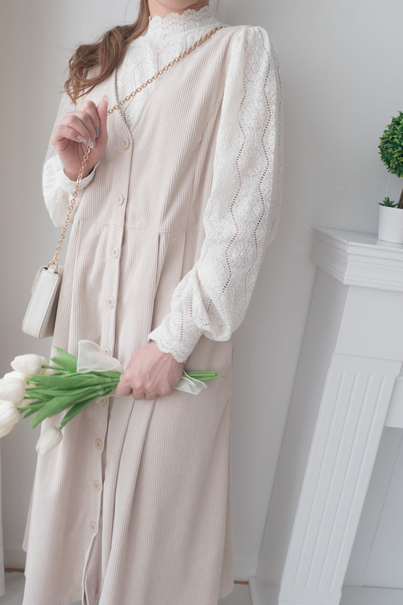 【intent X Korea label】 Beige Vest  淺杏暗紋微絨口袋腰間大百褶, Dress/  DS9369