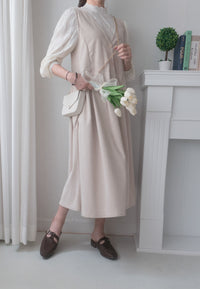 【intent X Korea label】 Beige Vest  淺杏暗紋微絨口袋腰間大百褶, Dress/  DS9369