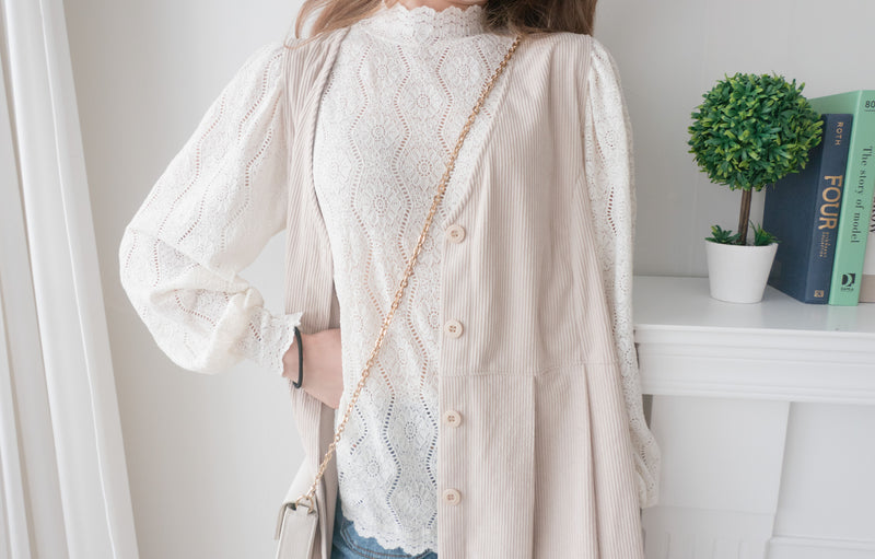 【intent X Korea label】 Beige Vest  淺杏暗紋微絨口袋腰間大百褶, Dress/  DS9369