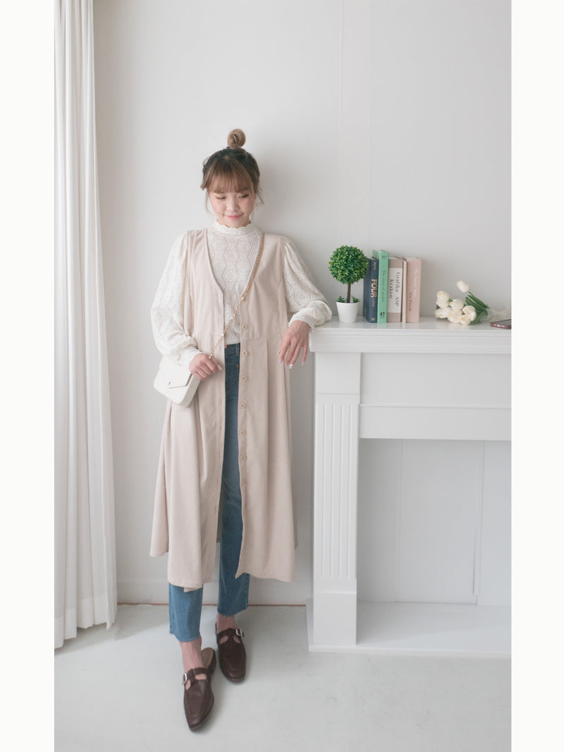 【intent X Korea label】 Beige Vest  淺杏暗紋微絨口袋腰間大百褶, Dress/  DS9369