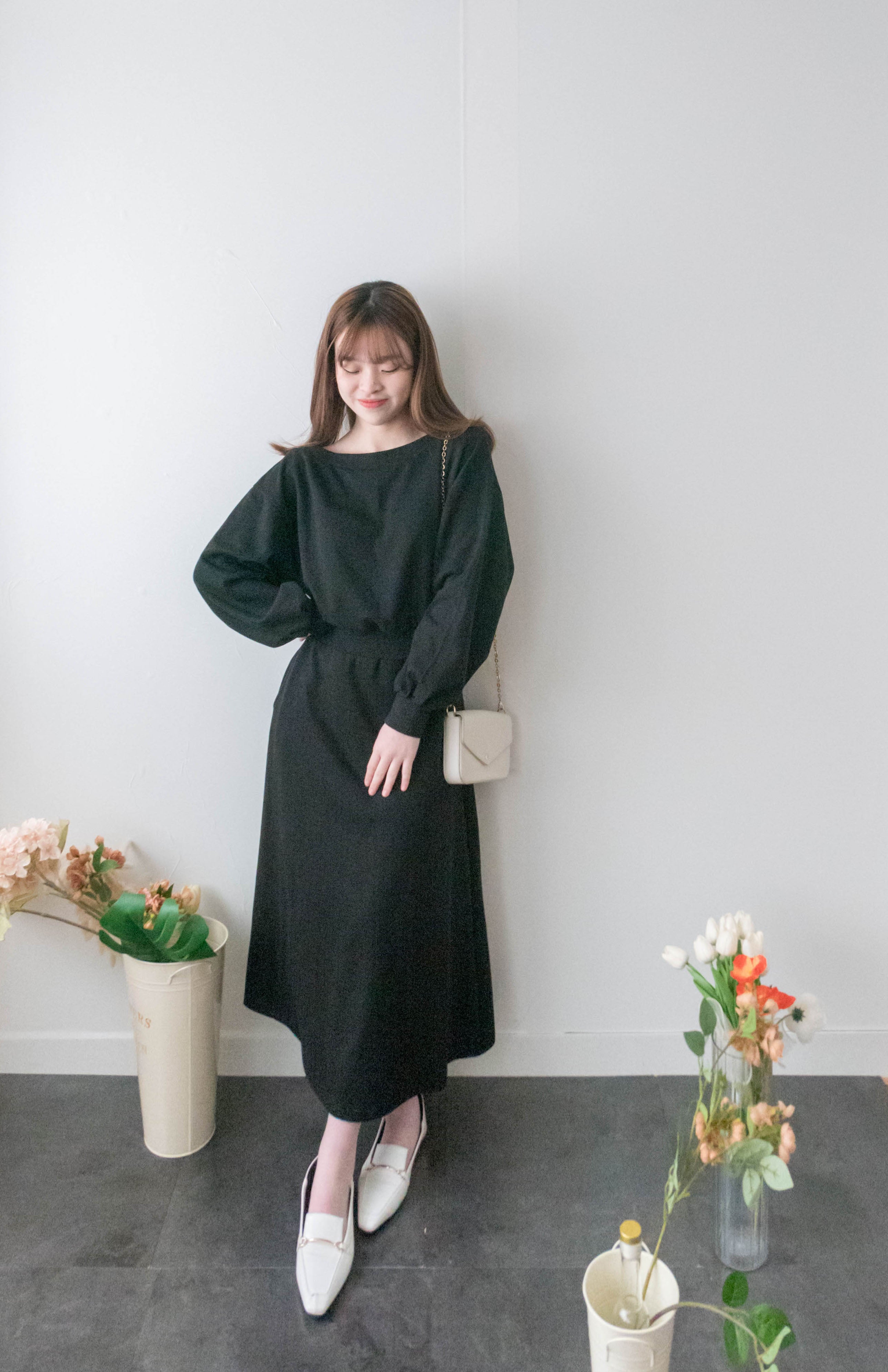 Elegant Cotton 輕優雅橫領彈性口袋衛衣裙, Dress/ DS9389 （black sold out)