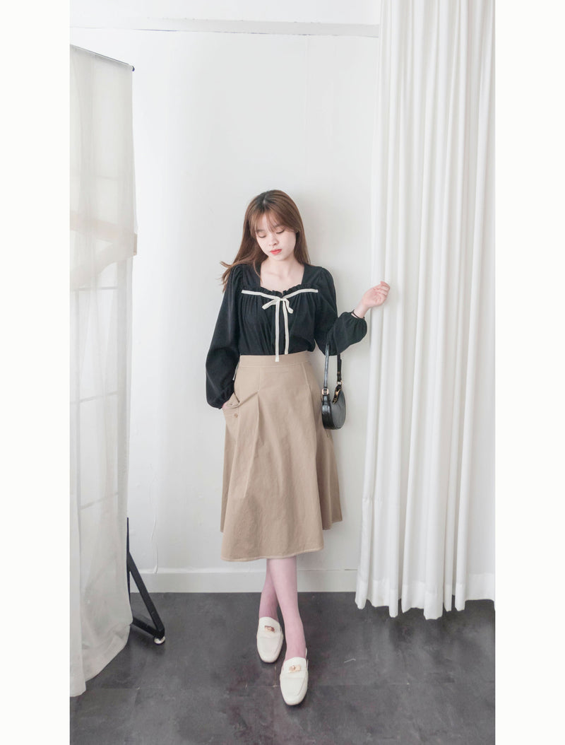Wonderland 絨面皺褶方領輕優雅上衣, Blouse/ BU8987 (pink sold out)