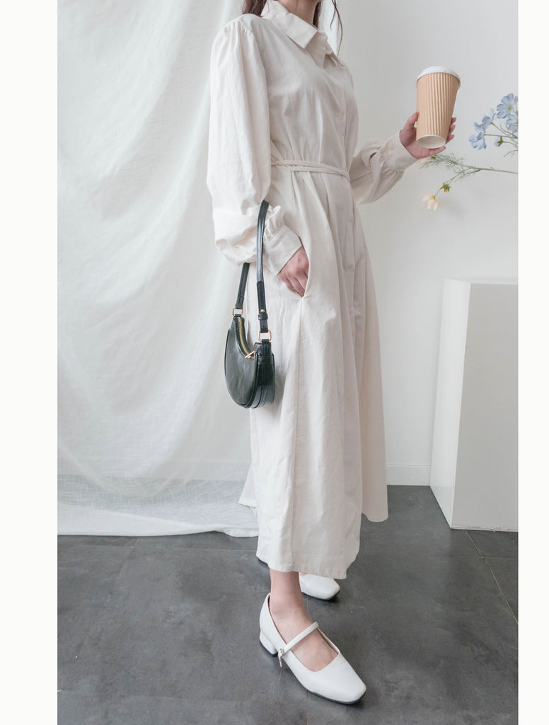 Pleated Waist 氣質白色車褶腰間修腰口袋連身裙, Dress/ DS9399