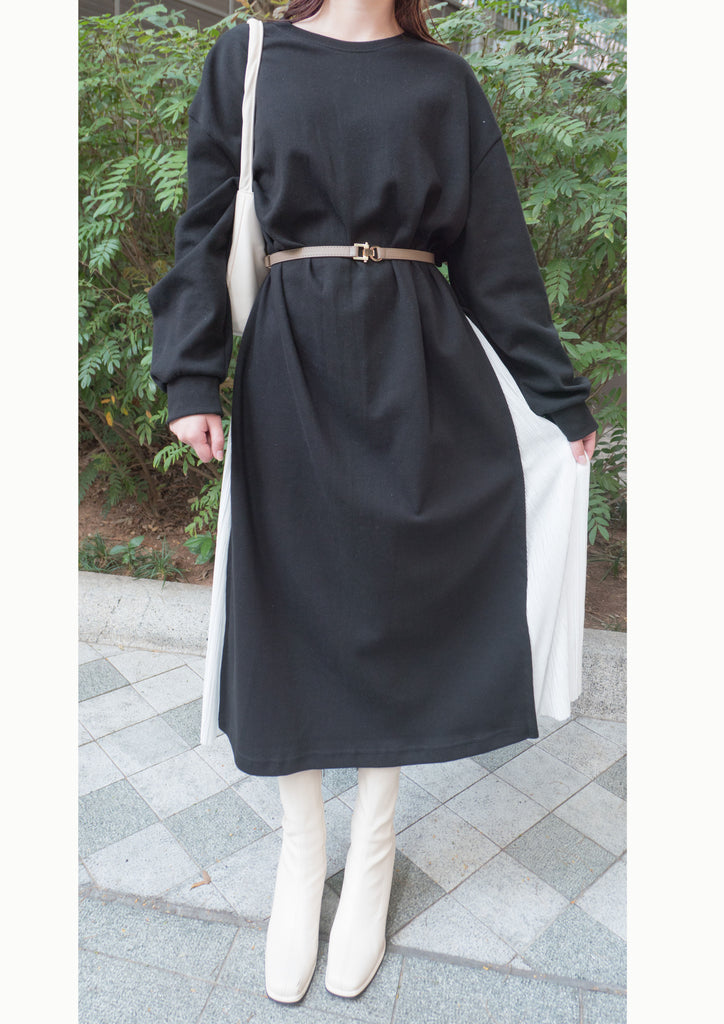 Side Pleated 防皺細褶拼布寬鬆棉質衛衣裙, Dress/ DS9401