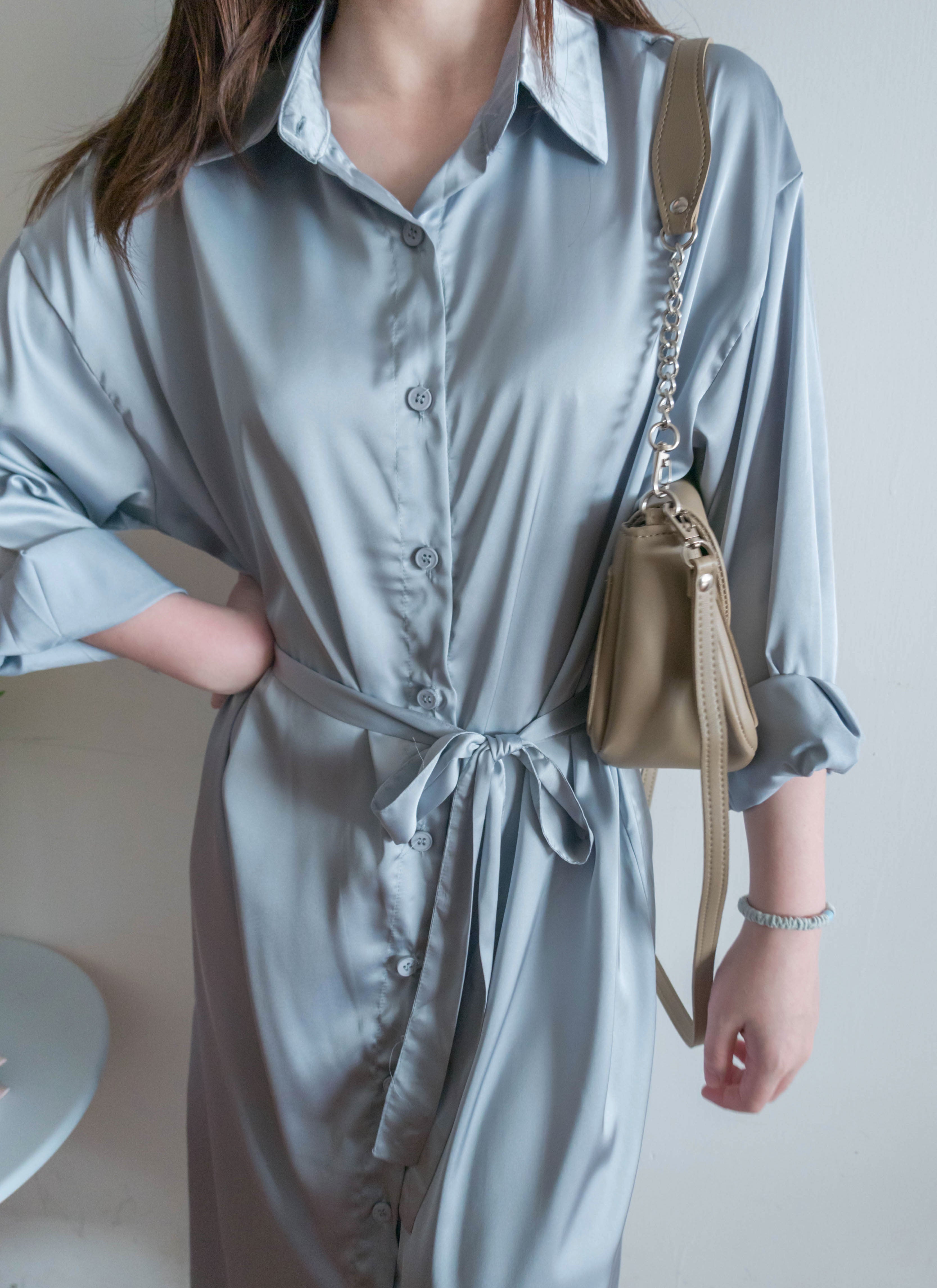 Champagne 氣質光澤淺藍色恤衫裙, Dress/ DS9471