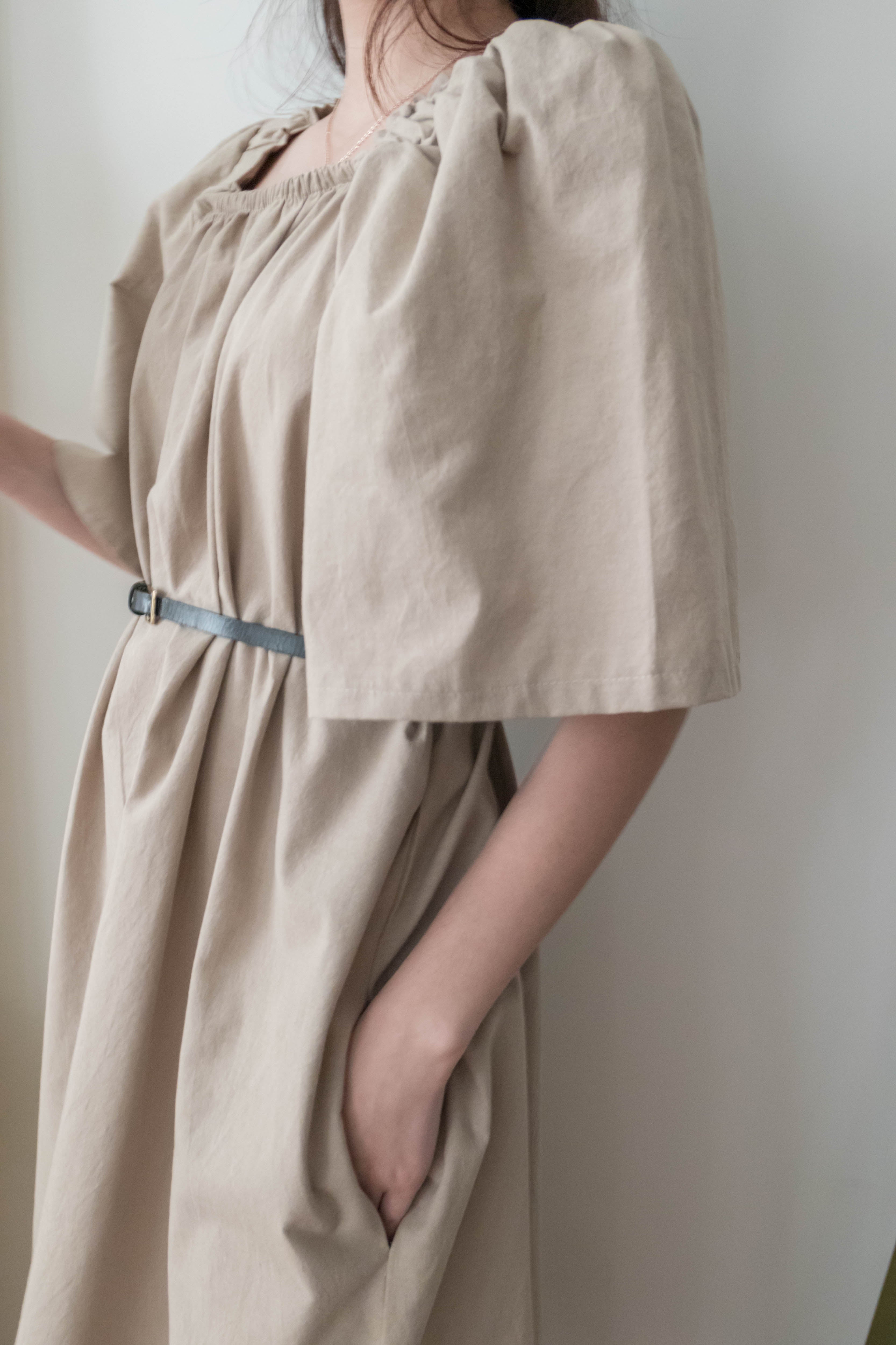 (有口袋/貼膚方領) 橡筋方領口傘袖口袋連身裙, Dress/ DS9467