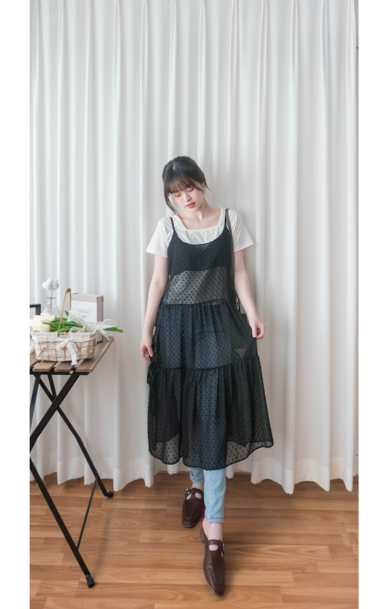 ( 時尚必備) 黑色紗感點點左右蝴蝶背心裙, Dress/ DS4986