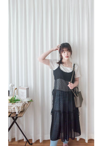 ( 時尚必備) 黑色紗感點點左右蝴蝶背心裙, Dress/ DS4986
