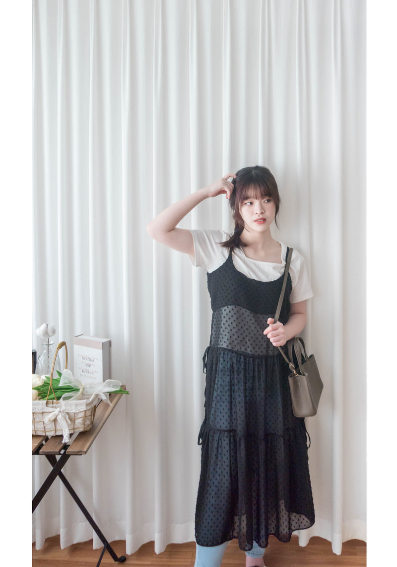( 時尚必備) 黑色紗感點點左右蝴蝶背心裙, Dress/ DS4986