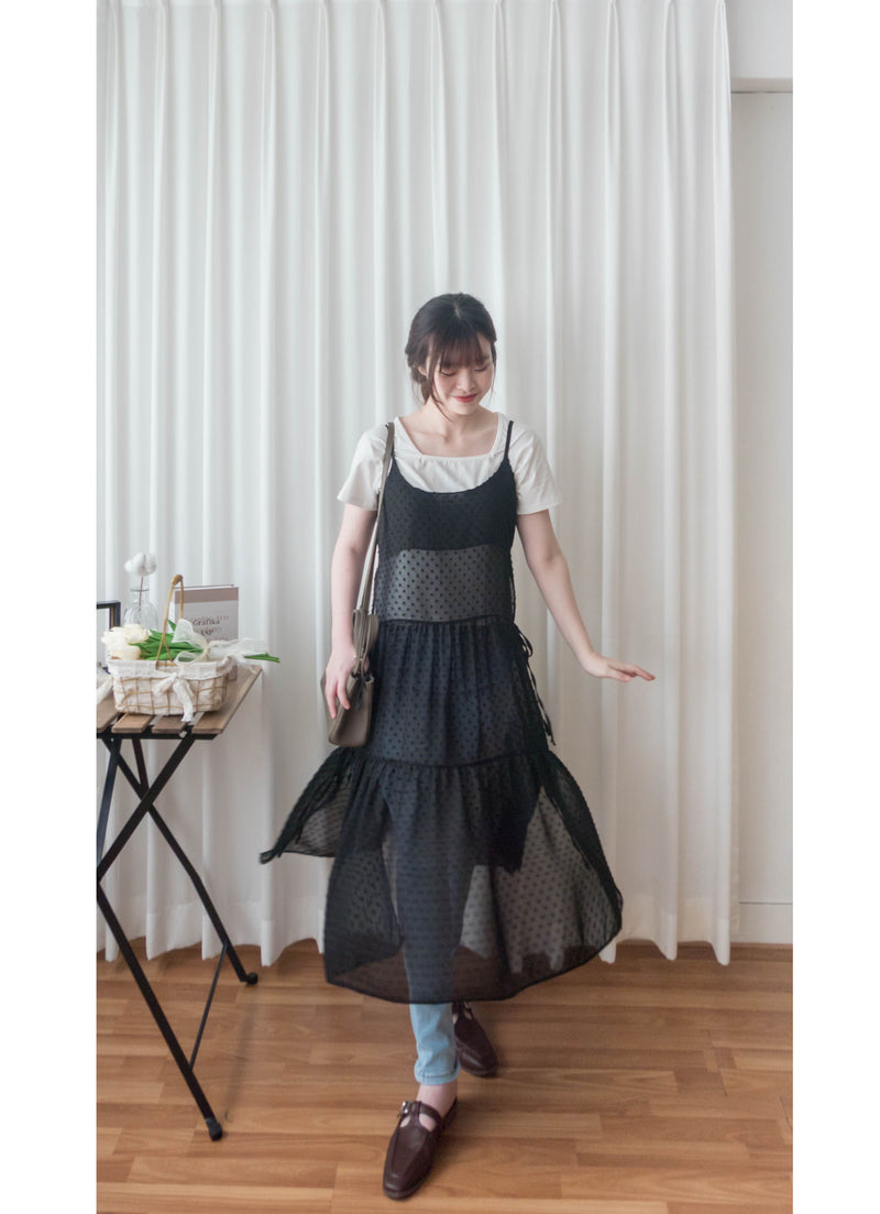 ( 時尚必備) 黑色紗感點點左右蝴蝶背心裙, Dress/ DS4986