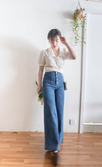 (超彈性!) 高腰闊腳全彈性中排鈕牛仔褲, Jeans/ PT8419