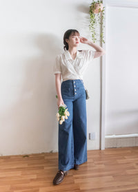 (超彈性!) 高腰闊腳全彈性中排鈕牛仔褲, Jeans/ PT8419