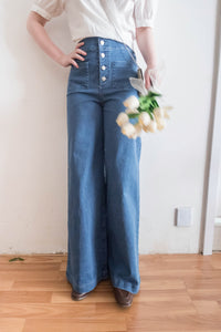 (超彈性!) 高腰闊腳全彈性中排鈕牛仔褲, Jeans/ PT8419