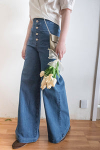 (超彈性!) 高腰闊腳全彈性中排鈕牛仔褲, Jeans/ PT8419