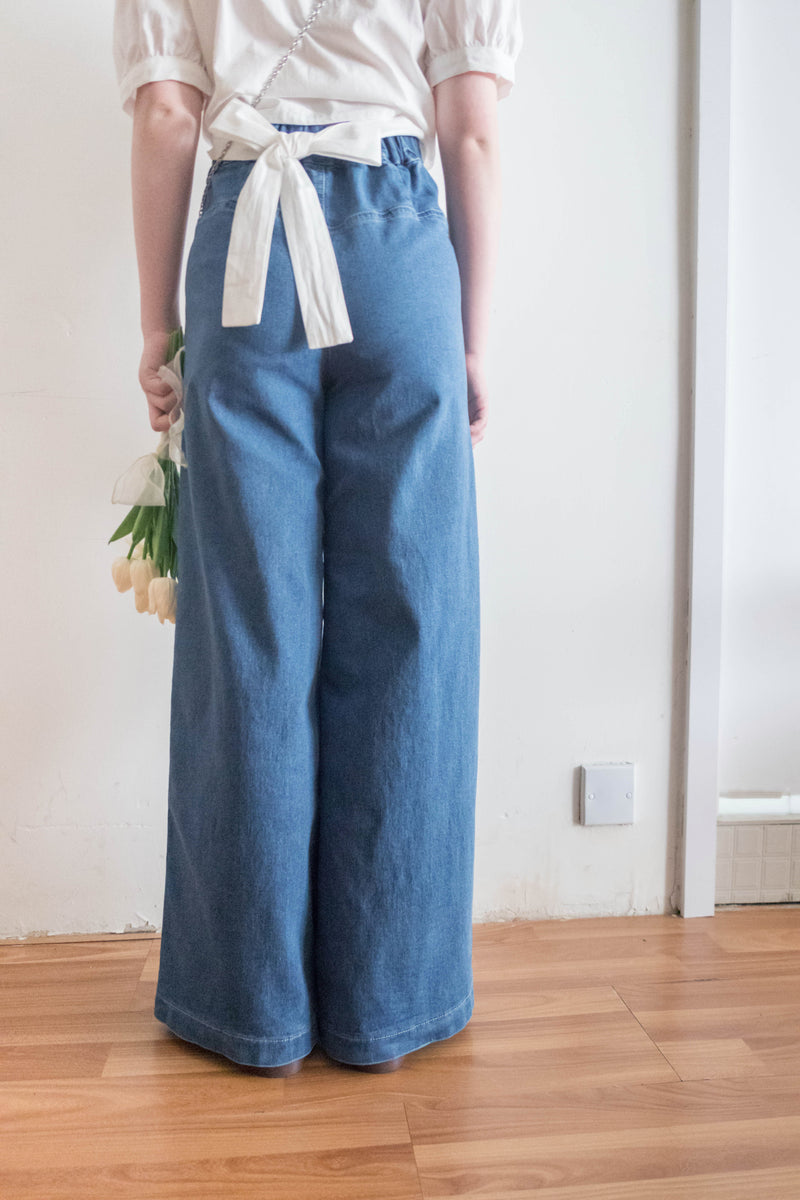 (超彈性!) 高腰闊腳全彈性中排鈕牛仔褲, Jeans/ PT8419