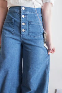 (超彈性!) 高腰闊腳全彈性中排鈕牛仔褲, Jeans/ PT8419